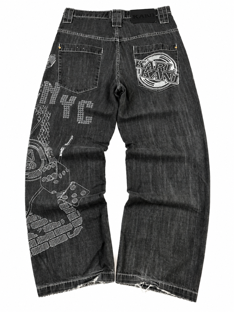Jeans Karl Kani Rare Y2K Baggy Streetwear "Black" Estampado (32/42/M)