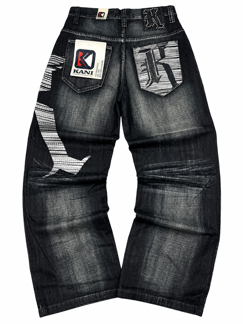 Vaqueros Karl Kani fabricados en EE. UU., estilo urbano holgado Y2K, "denim" estampado (44/L)