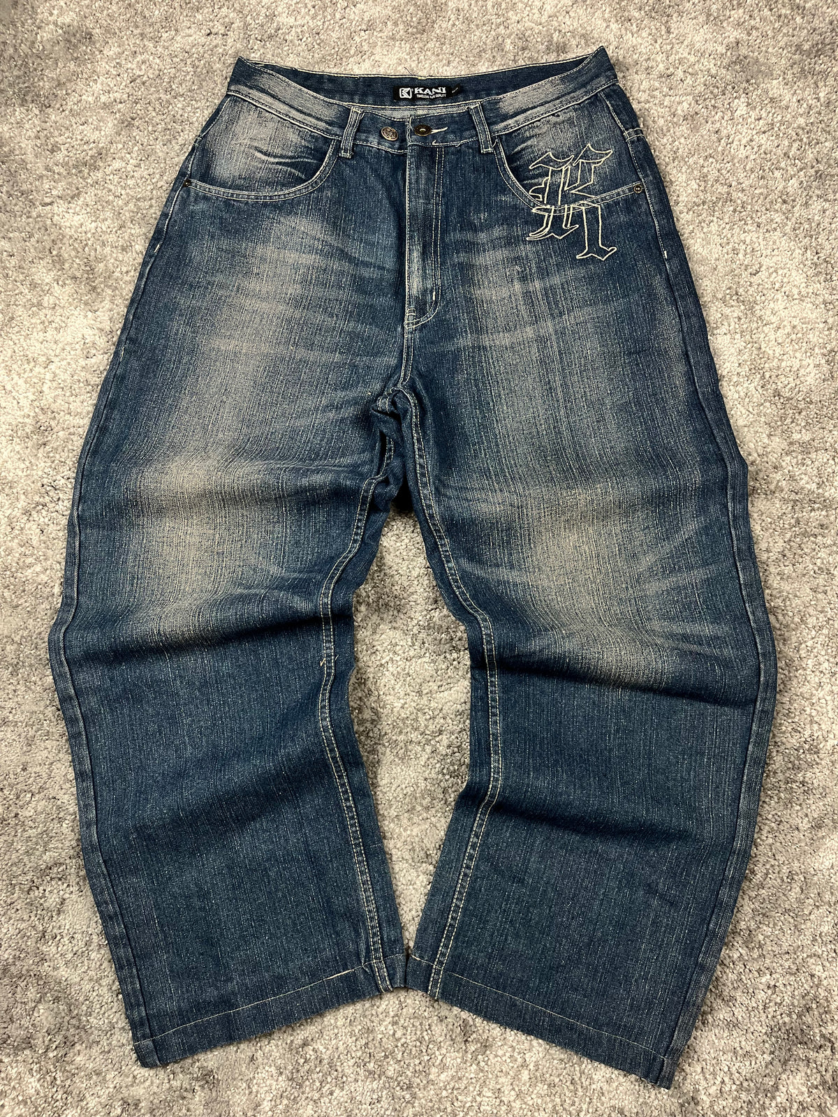 Karl Kani Jeans Y2K Baggy Streetwear Made in USA "Dark blue washed denim" Estampado (44)