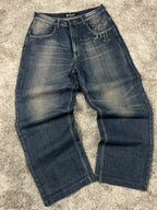 Jeans baggy estilo Y2K de Karl Kani, moda urbana, hechos en EE. UU., mezclilla lavada azul oscuro, estampado (talla 44)