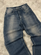 Jeans baggy estilo Y2K de Karl Kani, moda urbana, hechos en EE. UU., mezclilla lavada azul oscuro, estampado (talla 44)