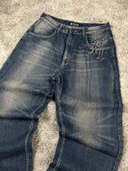 Jeans baggy estilo Y2K de Karl Kani, moda urbana, hechos en EE. UU., mezclilla lavada azul oscuro, estampado (talla 44)