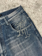 Jeans baggy estilo Y2K de Karl Kani, moda urbana, hechos en EE. UU., mezclilla lavada azul oscuro, estampado (talla 44)