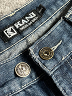 Jeans baggy estilo Y2K de Karl Kani, moda urbana, hechos en EE. UU., mezclilla lavada azul oscuro, estampado (talla 44)