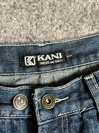 Jeans baggy estilo Y2K de Karl Kani, moda urbana, hechos en EE. UU., mezclilla lavada azul oscuro, estampado (talla 44)