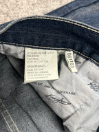 Jeans baggy estilo Y2K de Karl Kani, moda urbana, hechos en EE. UU., mezclilla lavada azul oscuro, estampado (talla 44)