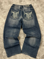 Jeans baggy estilo Y2K de Karl Kani, moda urbana, hechos en EE. UU., mezclilla lavada azul oscuro, estampado (talla 44)