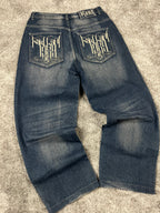 Jeans baggy estilo Y2K de Karl Kani, moda urbana, hechos en EE. UU., mezclilla lavada azul oscuro, estampado (talla 44)