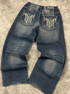 Jeans baggy estilo Y2K de Karl Kani, moda urbana, hechos en EE. UU., mezclilla lavada azul oscuro, estampado (talla 44)