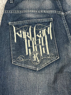 Jeans baggy estilo Y2K de Karl Kani, moda urbana, hechos en EE. UU., mezclilla lavada azul oscuro, estampado (talla 44)