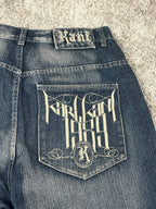 Jeans baggy estilo Y2K de Karl Kani, moda urbana, hechos en EE. UU., mezclilla lavada azul oscuro, estampado (talla 44)