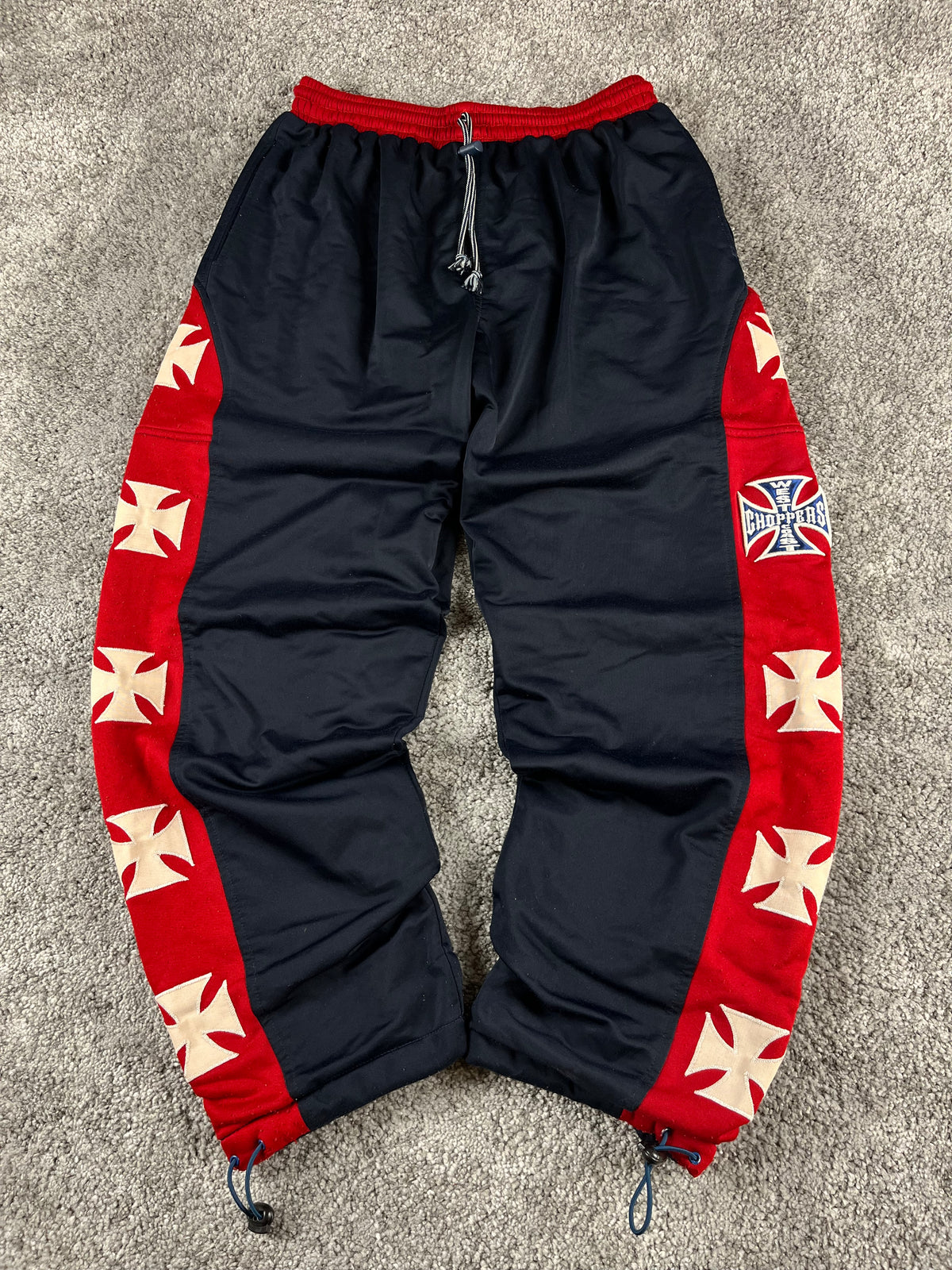 West Coast Choppers Vintage Track Pants Navy/Red Iron Cross Y2K Biker (S)