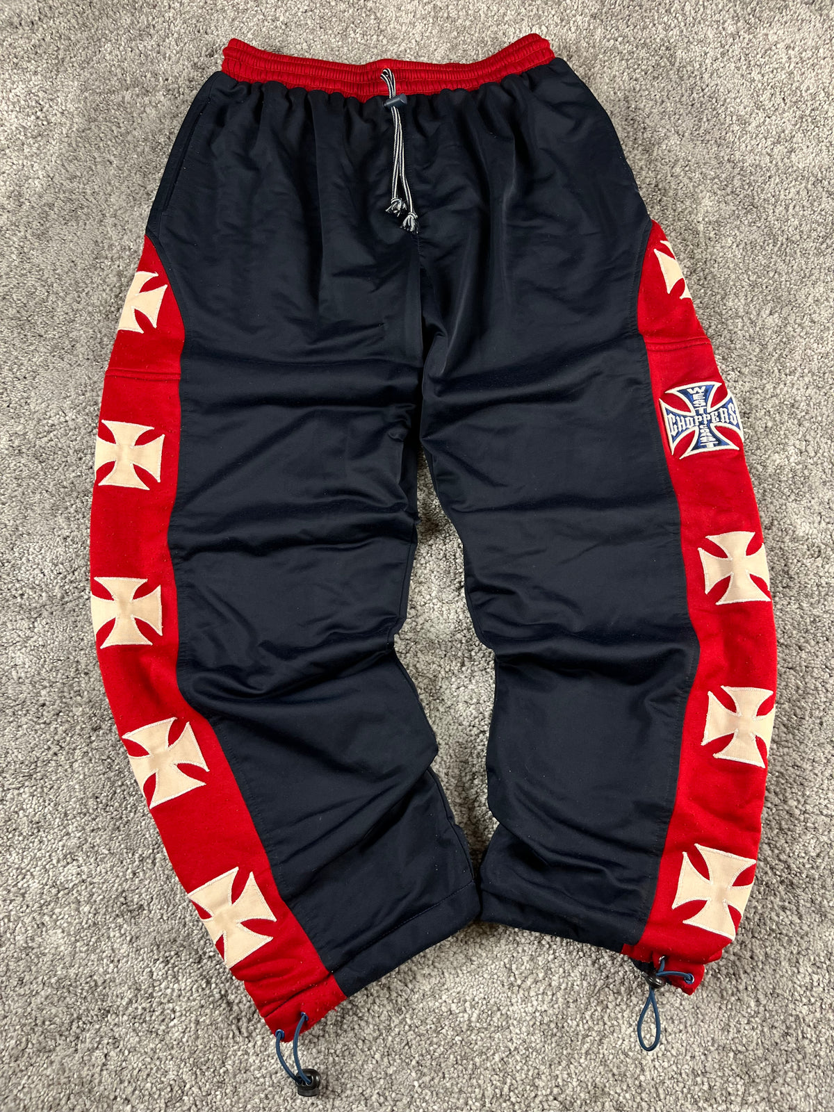 West Coast Choppers Vintage Track Pants Navy/Red Iron Cross Y2K Biker (S)