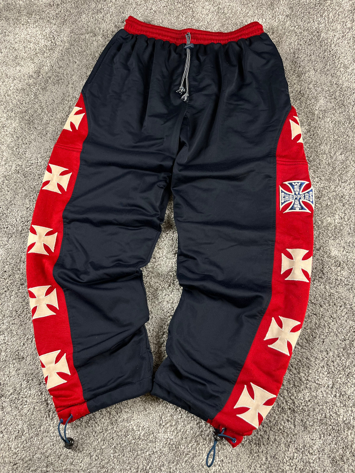 West Coast Choppers Vintage Track Pants Navy/Red Iron Cross Y2K Biker (S)