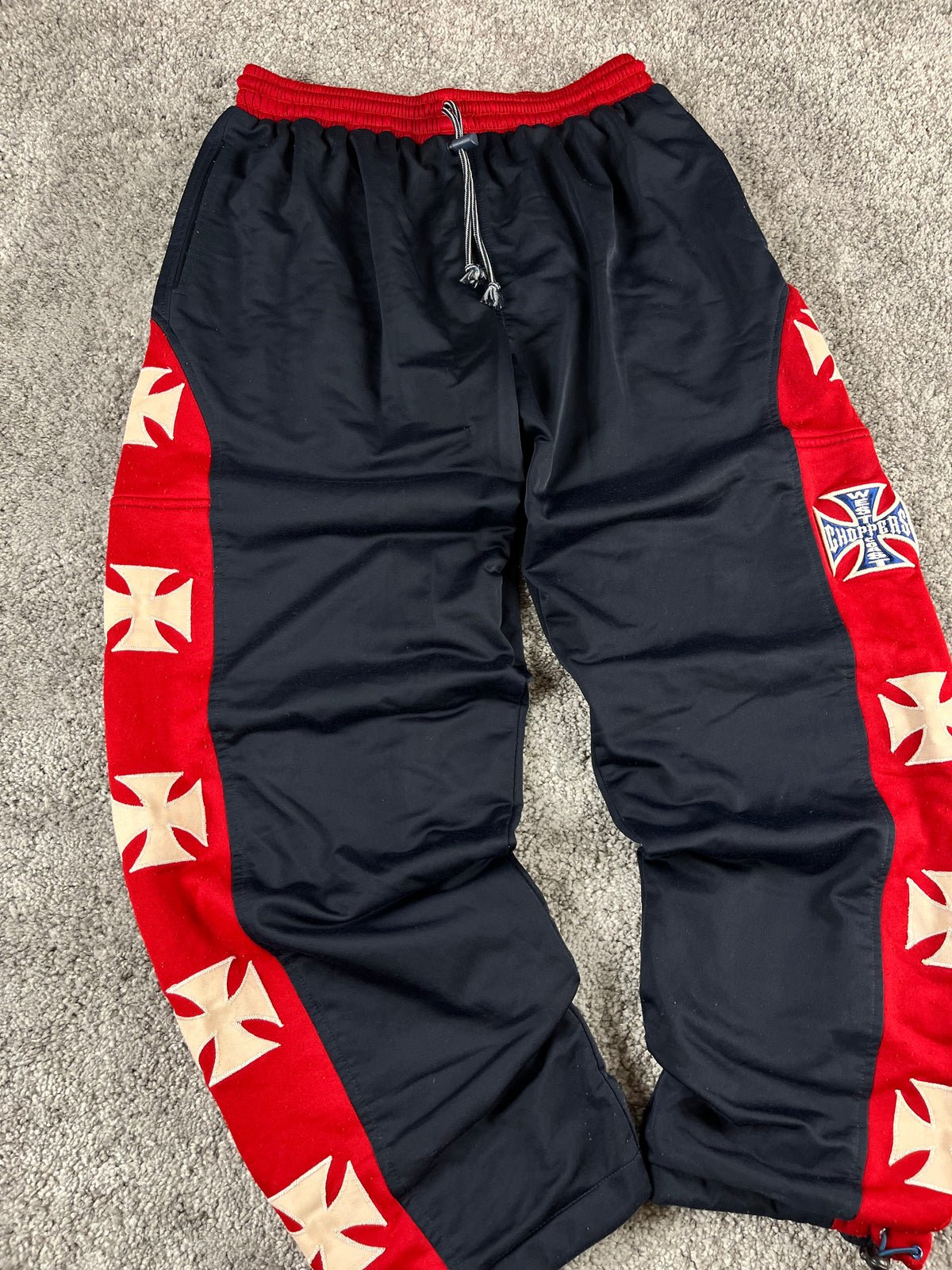 Pantalon de survêtement vintage West Coast Choppers marine/rouge Iron Cross Y2K Biker (S)