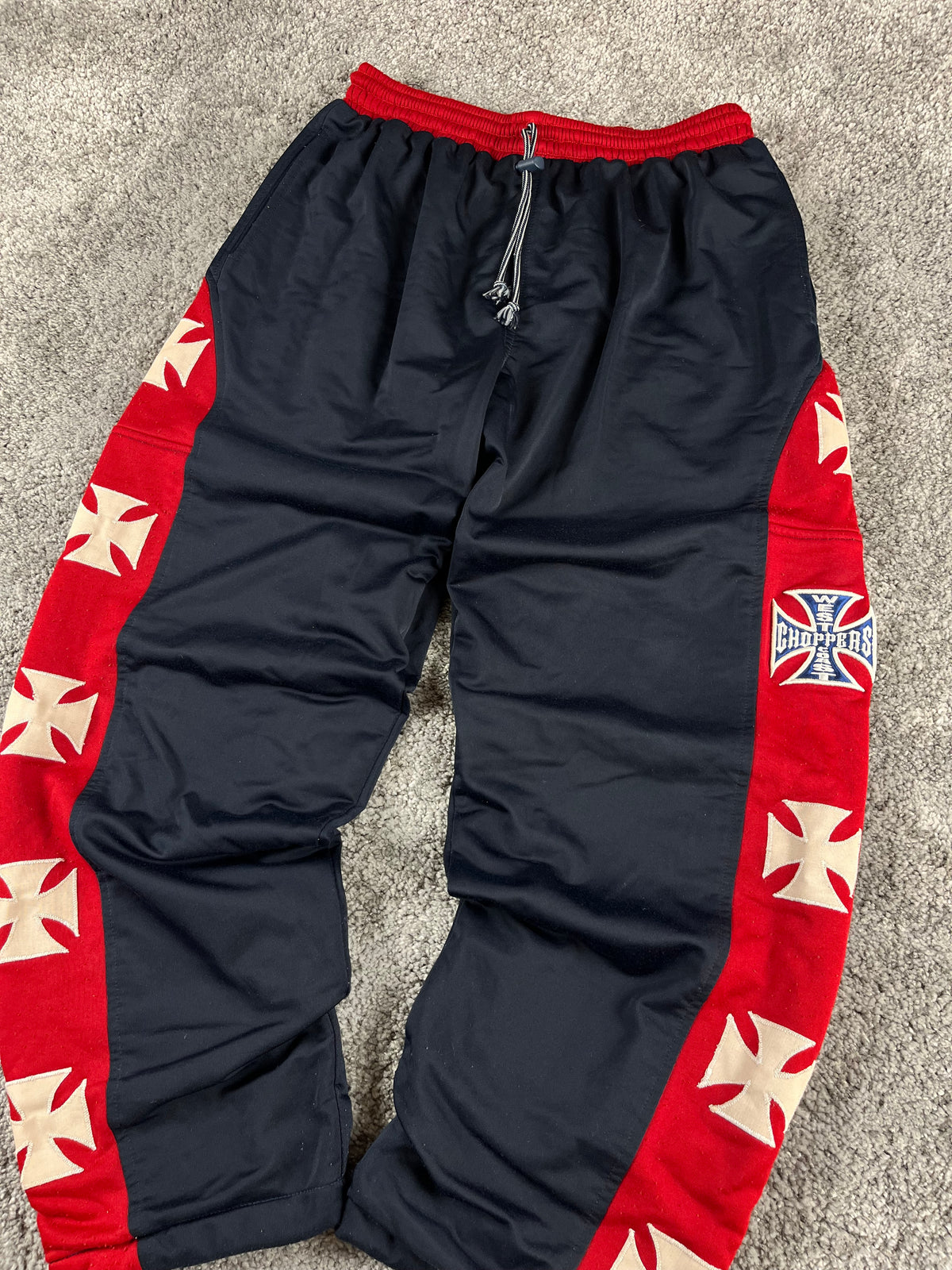 Pantalon de survêtement vintage West Coast Choppers marine/rouge Iron Cross Y2K Biker (S)