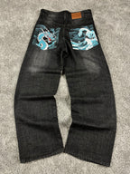 Jeans Urban Loops estilo urbano baggy Y2K "Washed Black" con estampado de dragón (M)
