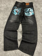 Jeans Urban Loops estilo urbano baggy Y2K "Washed Black" con estampado de dragón (M)