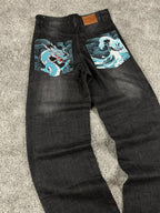 Jeans Urban Loops estilo urbano baggy Y2K "Washed Black" con estampado de dragón (M)