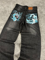 Jeans Urban Loops estilo urbano baggy Y2K "Washed Black" con estampado de dragón (M)