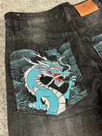 Jeans Urban Loops estilo urbano baggy Y2K "Washed Black" con estampado de dragón (M)