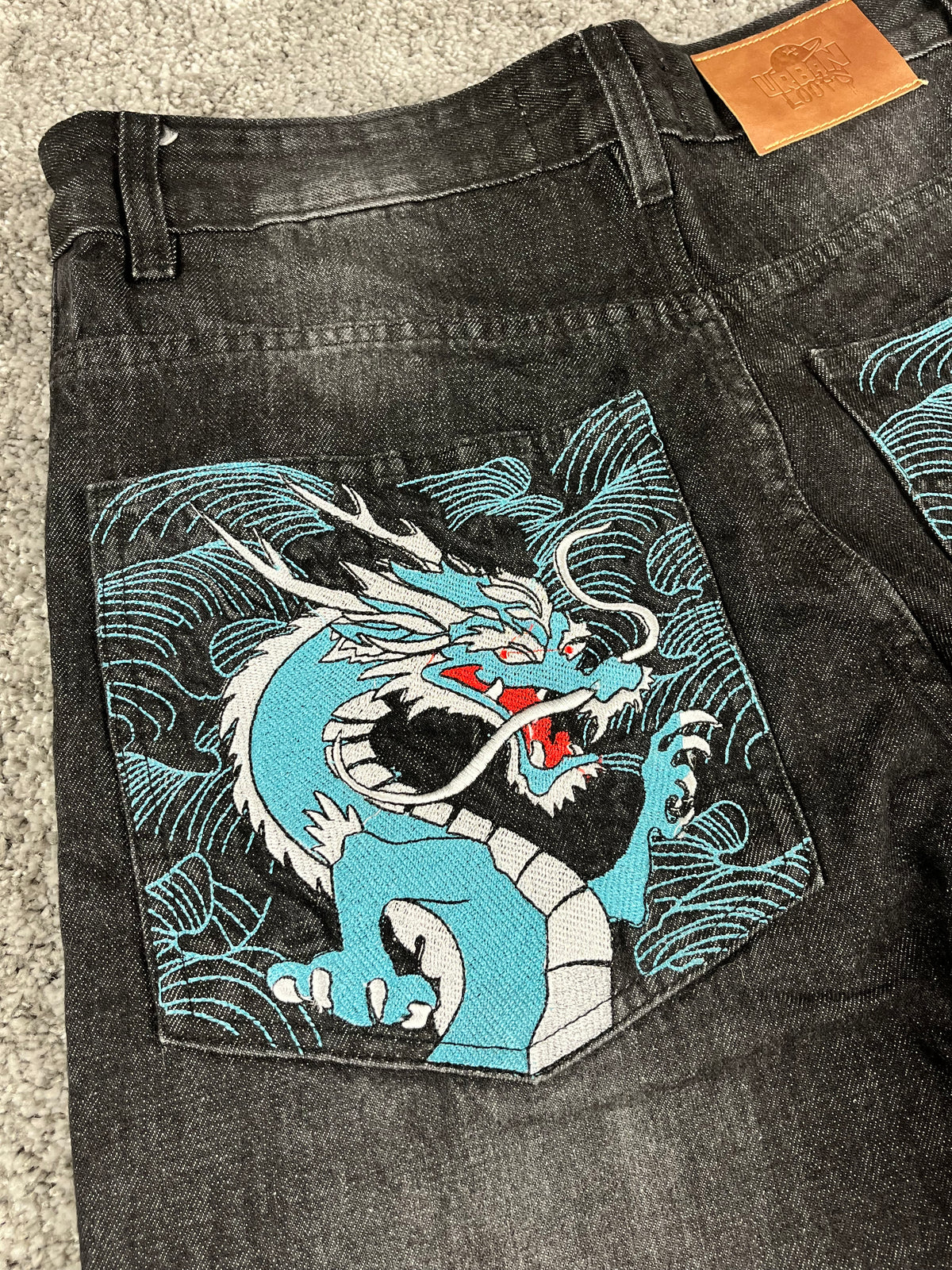 Jeans Urban Loops estilo urbano baggy Y2K "Washed Black" con estampado de dragón (M)
