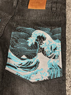 Jeans Urban Loops estilo urbano baggy Y2K "Washed Black" con estampado de dragón (M)