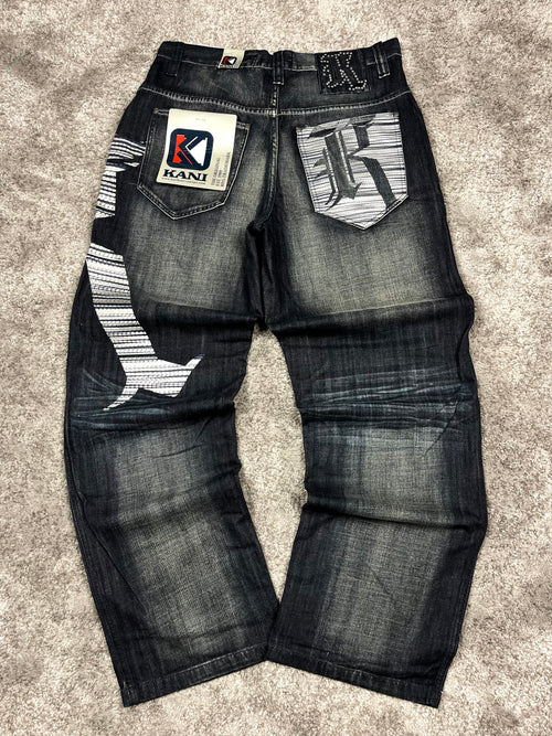 Vaqueros Karl Kani fabricados en EE. UU., estilo urbano holgado Y2K, "denim" estampado (44/L)
