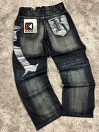 Vaqueros Karl Kani fabricados en EE. UU., estilo urbano holgado Y2K, "denim" estampado (44/L)
