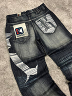 Vaqueros Karl Kani fabricados en EE. UU., estilo urbano holgado Y2K, "denim" estampado (44/L)
