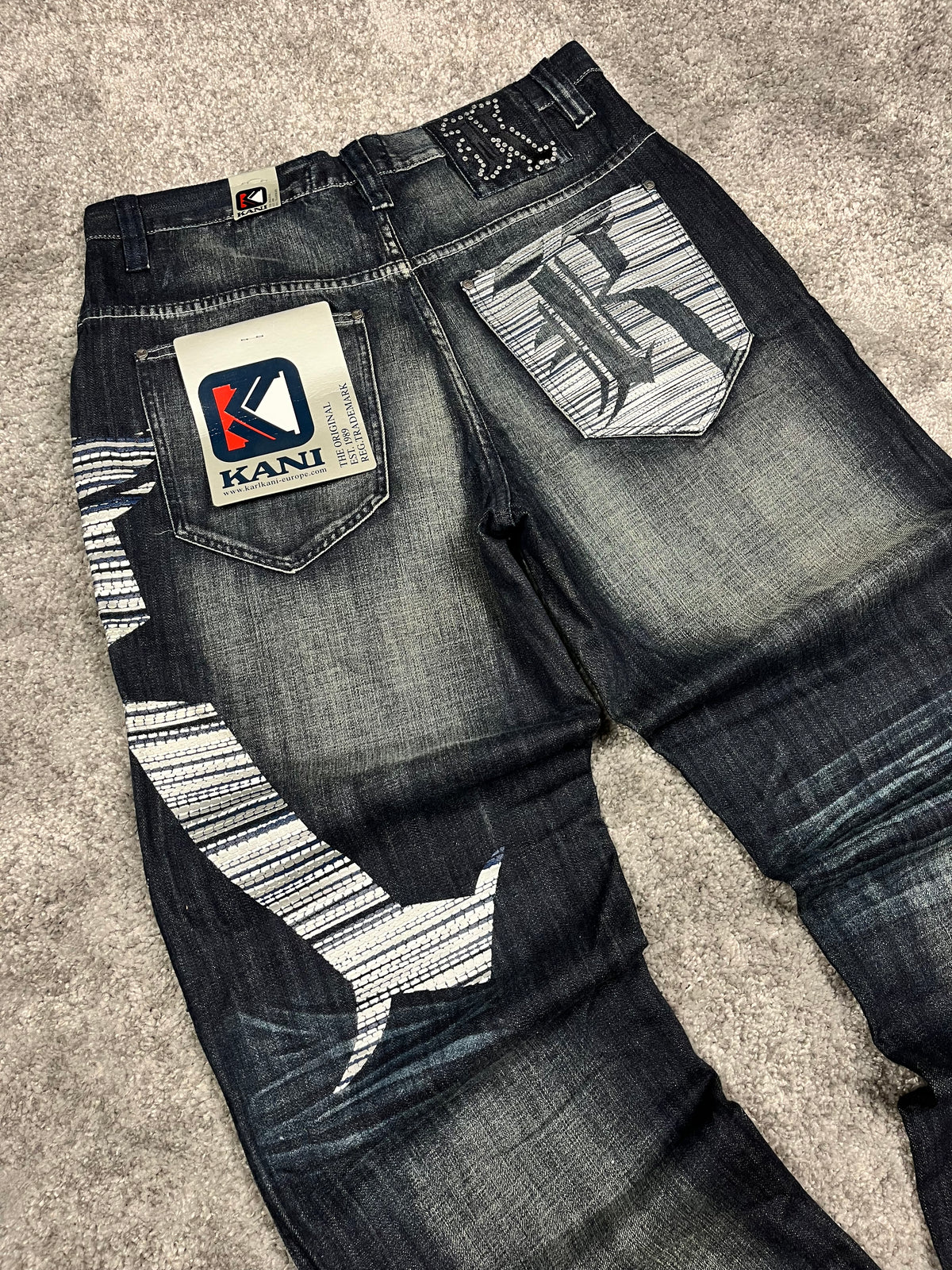 Vaqueros Karl Kani fabricados en EE. UU., estilo urbano holgado Y2K, "denim" estampado (44/L)