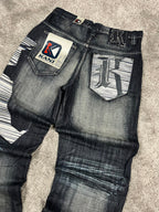 Vaqueros Karl Kani fabricados en EE. UU., estilo urbano holgado Y2K, "denim" estampado (44/L)