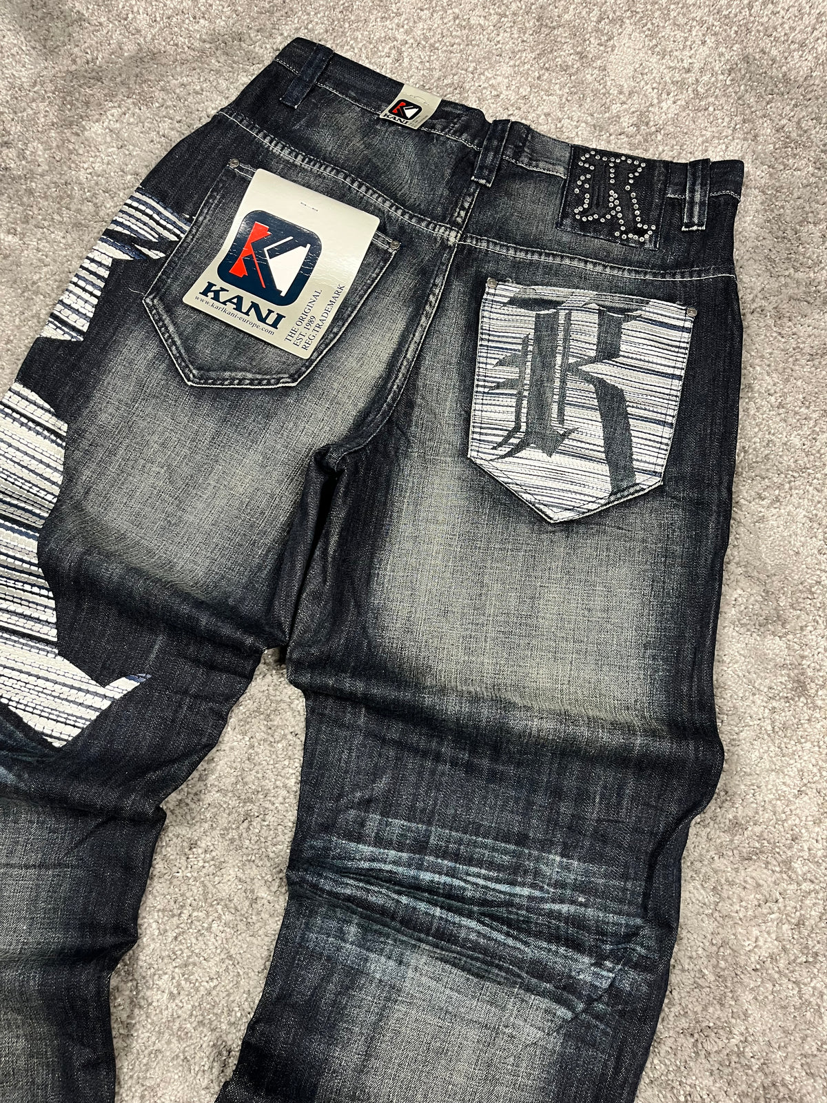 Vaqueros Karl Kani fabricados en EE. UU., estilo urbano holgado Y2K, "denim" estampado (44/L)