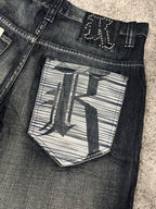 Vaqueros Karl Kani fabricados en EE. UU., estilo urbano holgado Y2K, "denim" estampado (44/L)