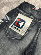 Vaqueros Karl Kani fabricados en EE. UU., estilo urbano holgado Y2K, "denim" estampado (44/L)