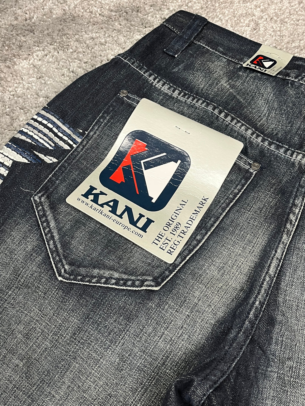Vaqueros Karl Kani fabricados en EE. UU., estilo urbano holgado Y2K, "denim" estampado (44/L)