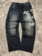 Vaqueros Karl Kani fabricados en EE. UU., estilo urbano holgado Y2K, "denim" estampado (44/L)
