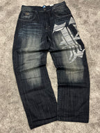 Vaqueros Karl Kani fabricados en EE. UU., estilo urbano holgado Y2K, "denim" estampado (44/L)