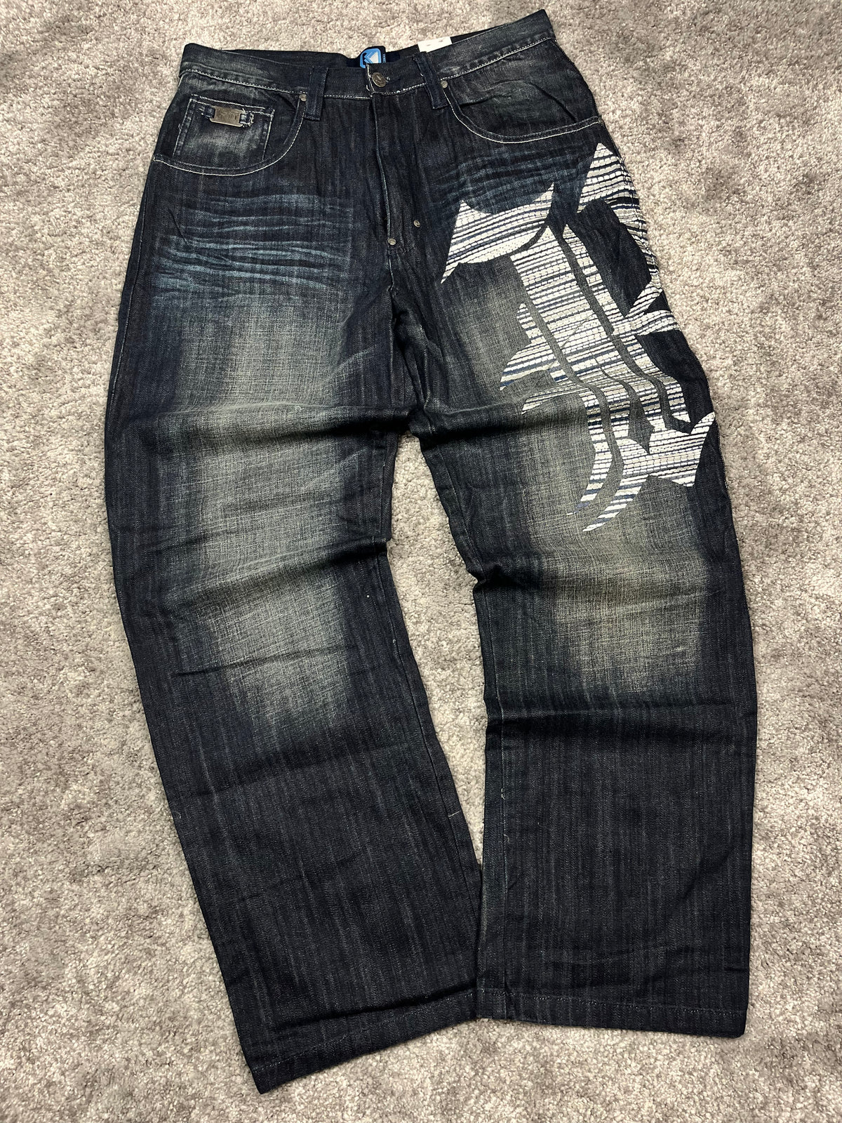 Vaqueros Karl Kani fabricados en EE. UU., estilo urbano holgado Y2K, "denim" estampado (44/L)