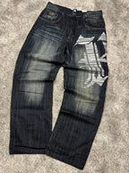 Vaqueros Karl Kani fabricados en EE. UU., estilo urbano holgado Y2K, "denim" estampado (44/L)