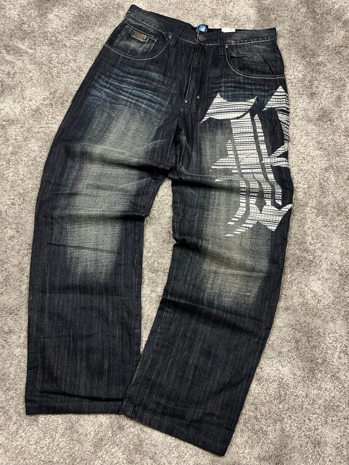 Vaqueros Karl Kani fabricados en EE. UU., estilo urbano holgado Y2K, "denim" estampado (44/L)