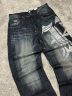 Vaqueros Karl Kani fabricados en EE. UU., estilo urbano holgado Y2K, "denim" estampado (44/L)