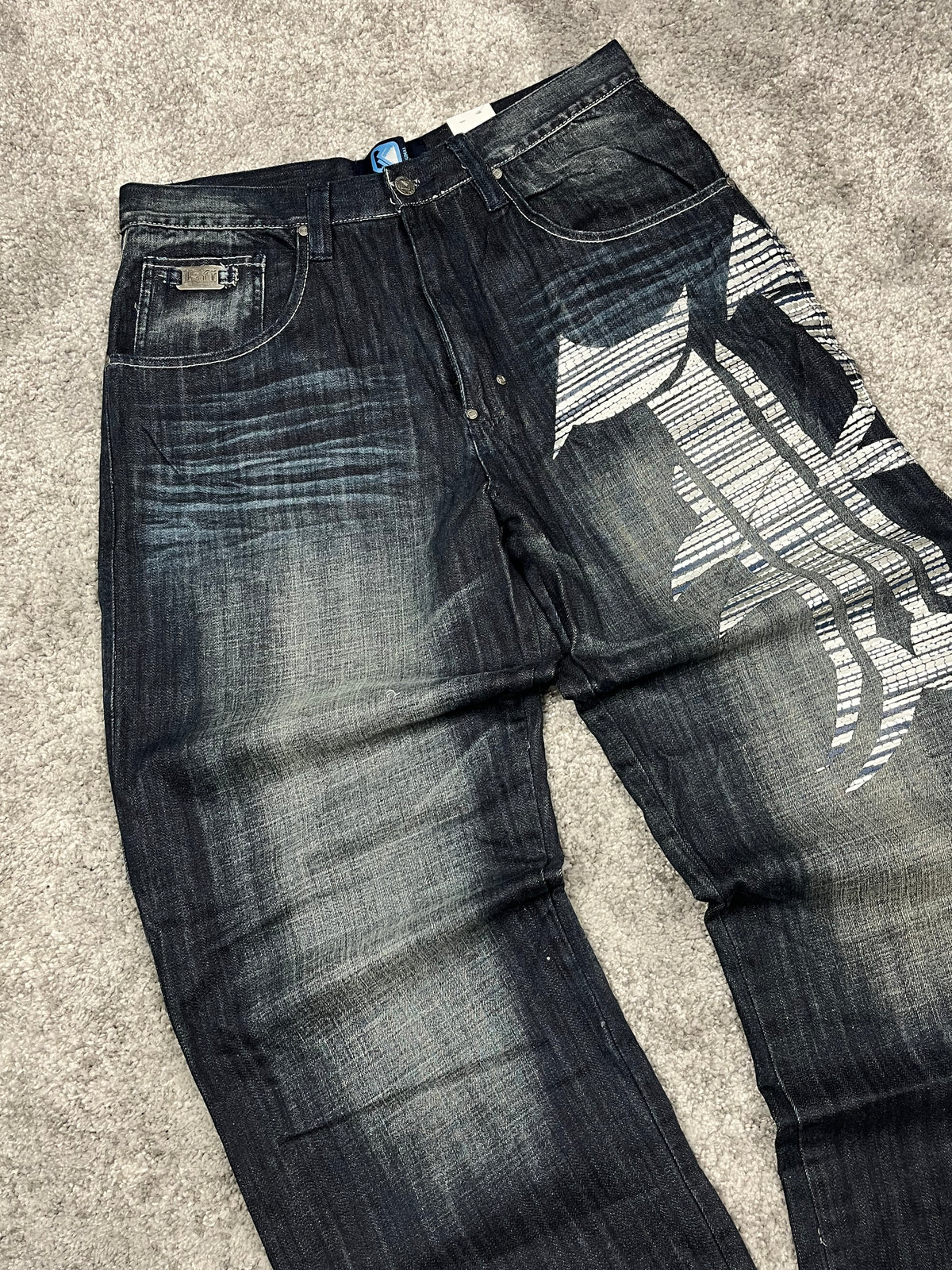 Vaqueros Karl Kani fabricados en EE. UU., estilo urbano holgado Y2K, "denim" estampado (44/L)