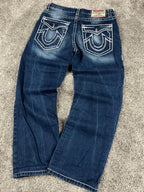 Jean True Religion « Made in USA » style baggy streetwear Y2K, motif « Denim » (S)