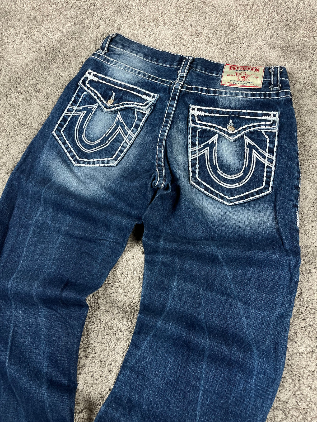 Jean True Religion « Made in USA » style baggy streetwear Y2K, motif « Denim » (S)