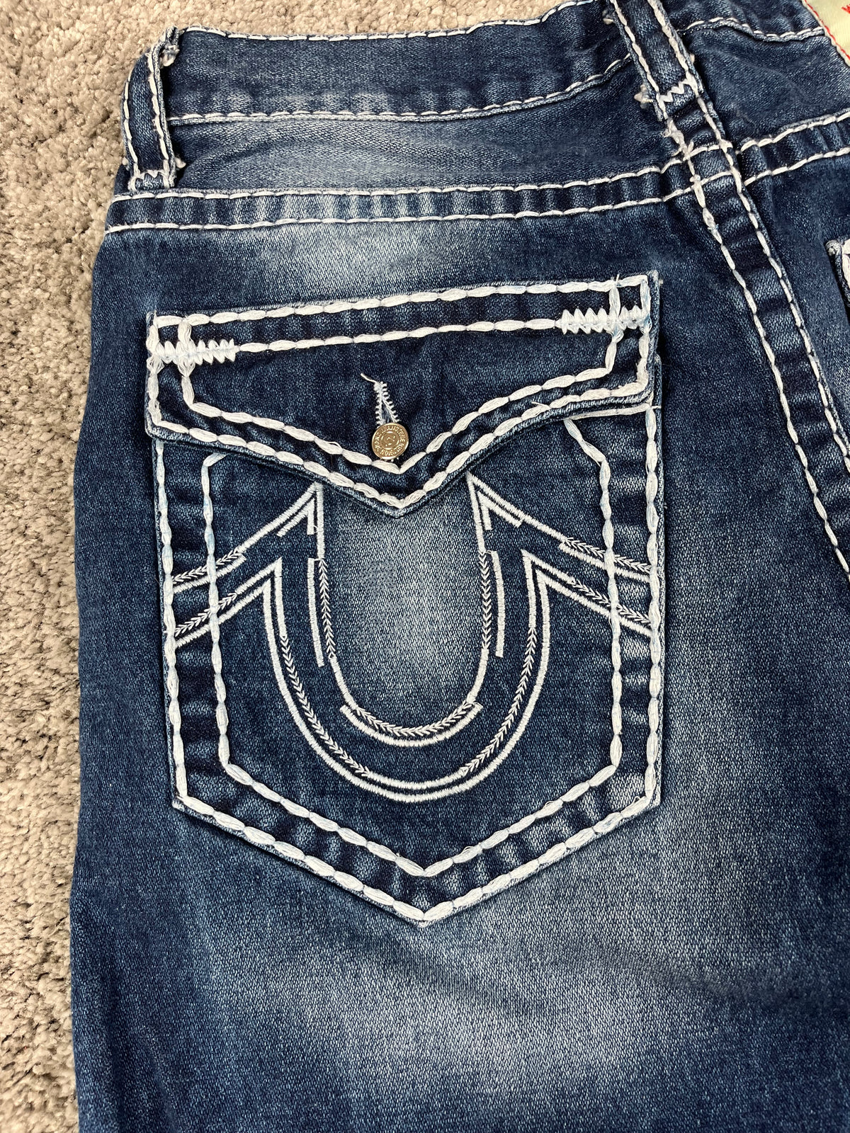 Jean True Religion « Made in USA » style baggy streetwear Y2K, motif « Denim » (S)
