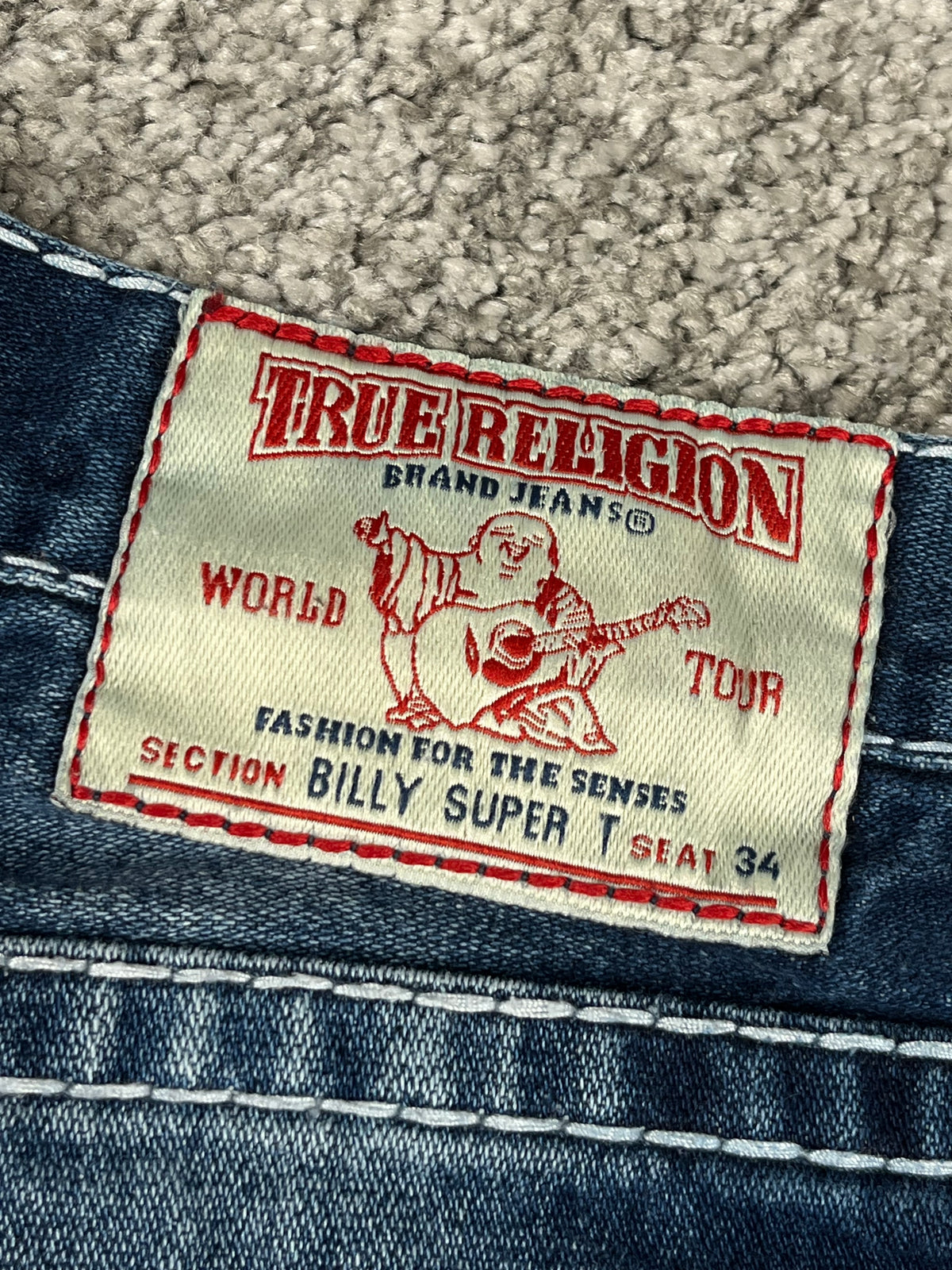 Jean True Religion « Made in USA » style baggy streetwear Y2K, motif « Denim » (S)