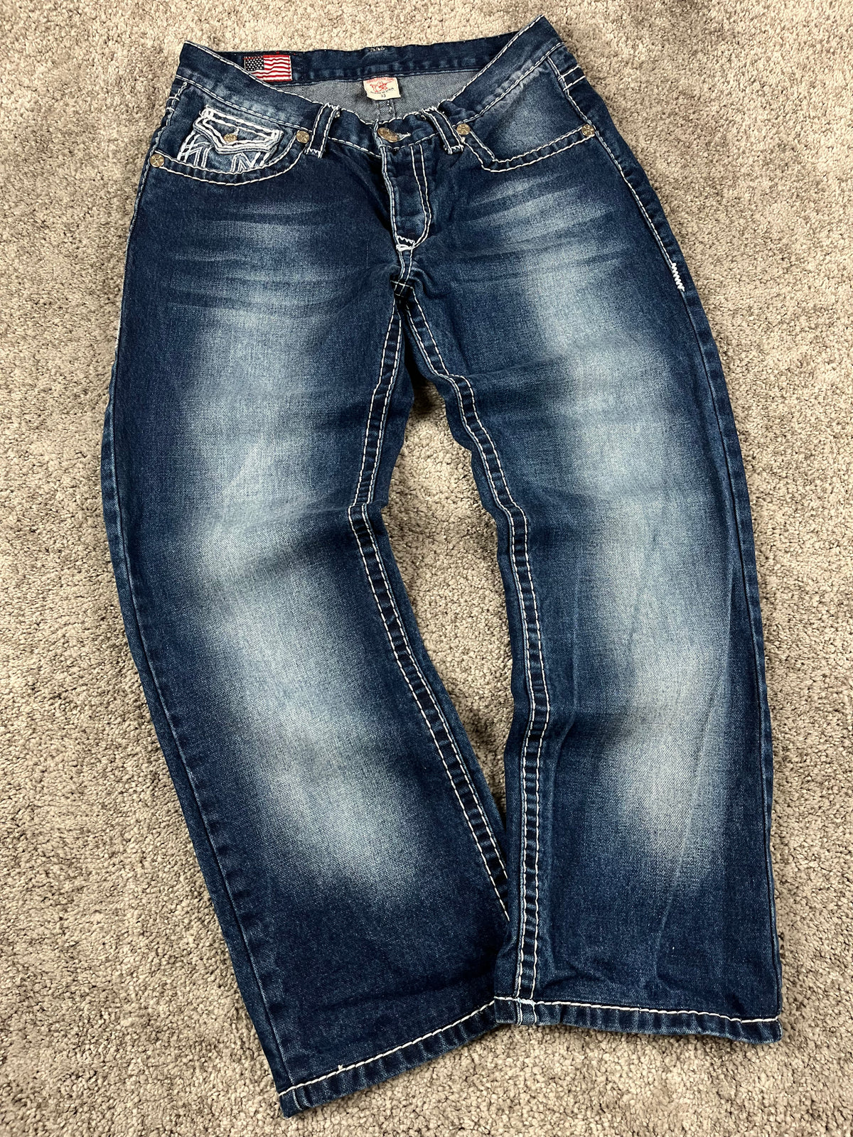 Jean True Religion « Made in USA » style baggy streetwear Y2K, motif « Denim » (S)