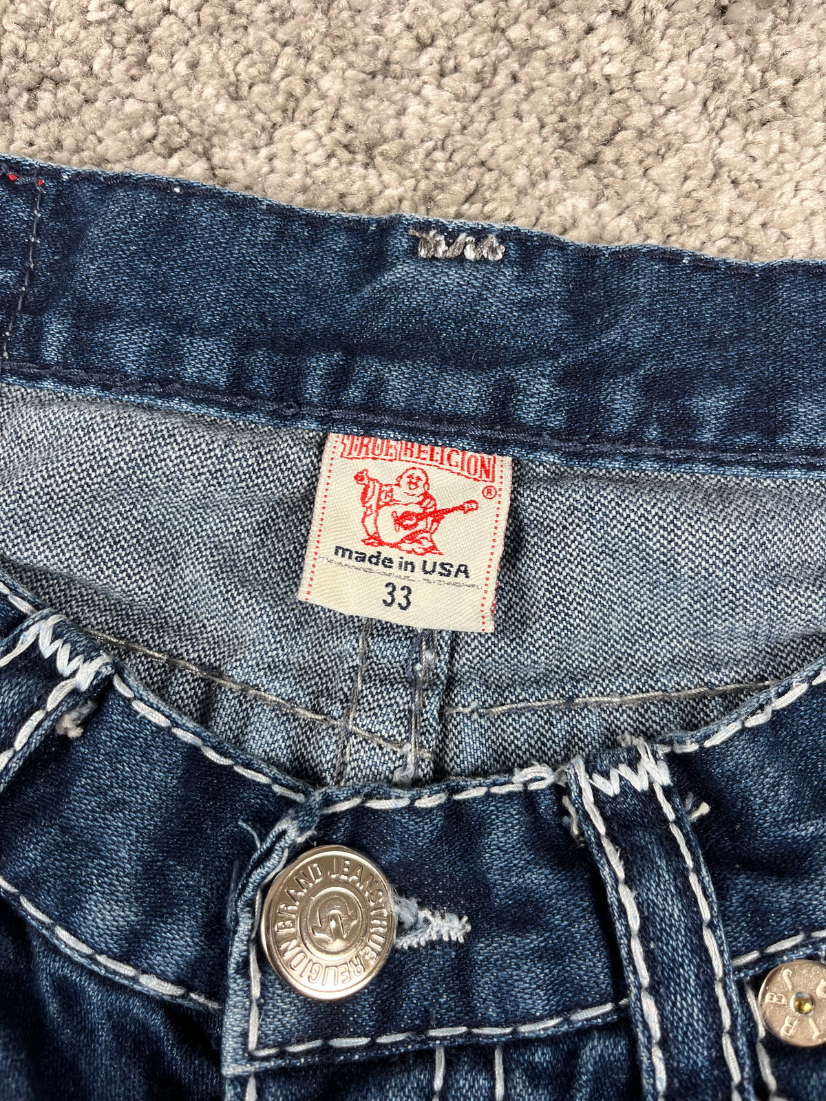 Jean True Religion « Made in USA » style baggy streetwear Y2K, motif « Denim » (S)