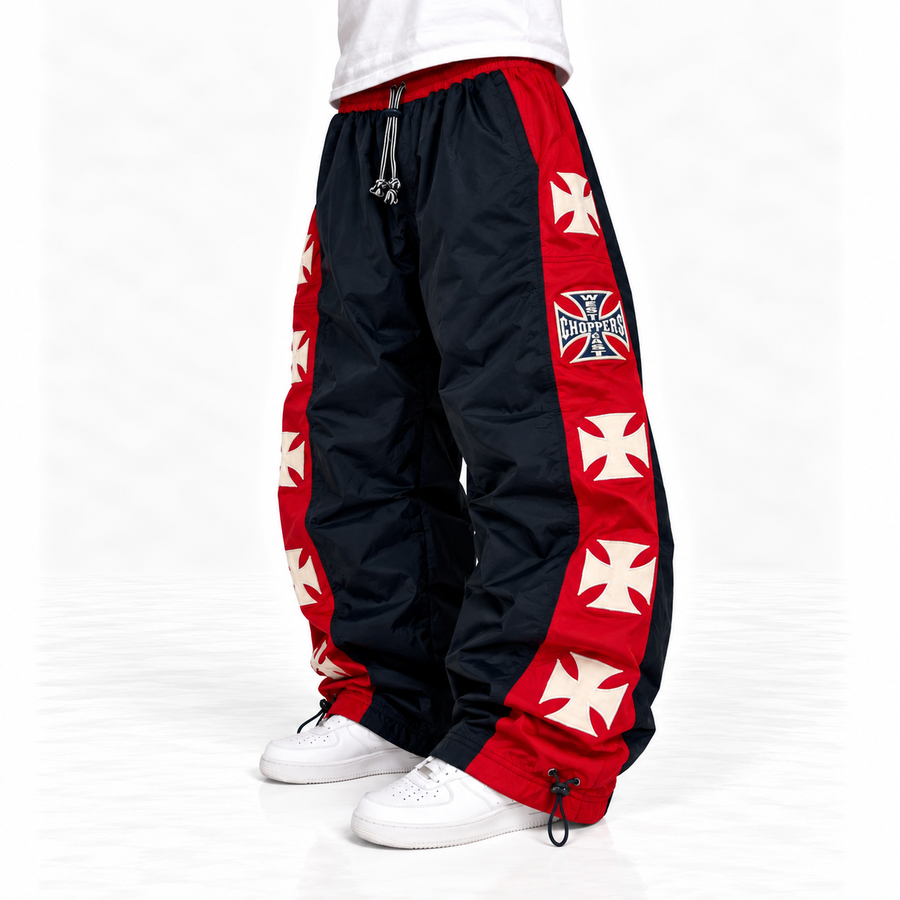 West Coast Choppers Vintage Track Pants Navy/Red Iron Cross Y2K Biker (S)
